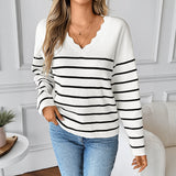 Pullover Knitted Sweater V-Neck Long Sleeve Striped Sweater