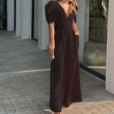 Women's Solid Color Slim-Fit Short Sleeve Wide Leg Jumpsuit
