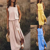Solid Color Round Neck Sleeveless Lantern Split Dress