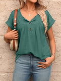 Women Solid Color Crew Neck Button Short Sleeve T-Shirt