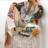 Casual Printed V-Neck Shirt Wide Leg Pants Fashion Suit