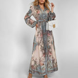 Elegant V-neck Print Long-sleeved Dress Long Dress