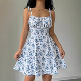 Women Floral Short Dress Square Neck Dresss
