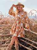 Women's Floral Print Chiffon A-Line Dress Long Sleeves