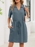 Women's Loose Lapel Short-sleeve Drawstring Pocket Dress
