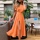 Fashion Casual Solid Color Lantern Sleeve Slim Dress
