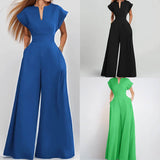 Women's Fashion V-neck Solid Color Slim-fit Wide-leg Jumpsuit