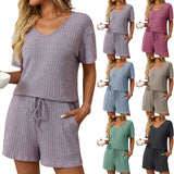 Solid Color Pit Strip Pajamas Short-sleeved Loungewear Set