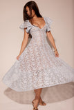 Women Lace High Waist Skinny V-Neck Sexy Short Sleeve Long Dress