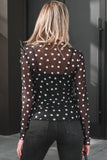 Black Polka Dot Patterned Bodycon Mock Neck Mesh Long Sleeve Top