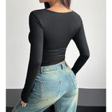 Women's Minimal Cute Deep Square Neck Full-Sleeve Ruched Waist Soft Stretch Solid Bodycon Cropped T-Shirt - High Elastic Fitted Basic Tee for Daily, Club Streetwear