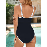 Women's Comfortable Well-Fitted Slim-Fit 1-Piece Bikini Swimming Suit - Synthetic Elastane, Deep V Neck, Contrast Trim, Fashion Design, Black, Breathable, Waterproof, Machine Washable Beach Sports Swimwear