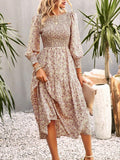 Women's Chic Traditional Colorful Flower Print Casual Boho Ruffle A-Line Mid-Length Dress - Round Neck, Shirred, Beach Wear, Womens Dresses,sohochic