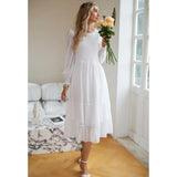 Women's Swiss Dot Long Sleeve Midi Dress - Round Neck Smocked Bodice, Tiered Flowy A-Line, Elastic Fabric, Feminine Balloon Casual Wear Dress