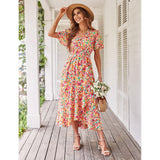 Women's Fitted V-Neck Floral Wrap Casual Midi Dress - Flutter Short Sleeves, Tie Waist, Irregular Ruffle Hem, Gorgeous Bohemian Fabric for Summer Beach Wear