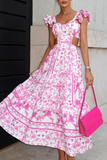 Womens Dress Ruffled Sleeve Print Waist