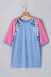 Sky Blue Leopard Print Patch Colorblock Plus Size T Shirt