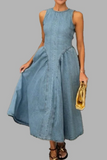 Women's Fashion Solid Color Crew Neck Waist Dress
