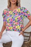 Purple Floral Print Puff Short Sleeve Crew Neck Blouse