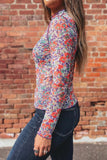 Blue Slim Fit Floral Mesh Long Sleeve Mock Neck Top