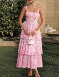 Women's Gorgeous Boho Floral Tiered Maxi Dress - Square Neck, Spaghetti Straps, Back Tie Bow, Cutout, Soft Ruffled Flowy Fabric, Adjustable, Comfortable Piece for Day Vacation Beach