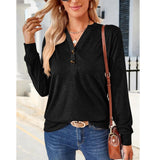 Women's Breathable Henley Long-Sleeve V-Neck Button-Decor Casual Loose Solid Minimalist Tunic Blouse, Everyday Hip Fall Basic Top for Layering Under Jackets