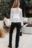 White Lace Crochet Bell Sleeve Mock Neck Blouse