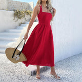 Women's Gorgeous Lightweight Halter Sundress - Square Neck, Strappy Backless, Fitted Flowy A-Line, Basic Casual Beach Summer Vacation Dress