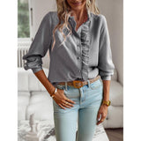 Women's Grey Striped Ruffle Blouse - Long Sleeve, Loose Fit, Casual Office Wear Shirt Top