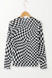 Black Checkered Pattern Mesh Mock Neck Long Sleeve Top