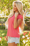 Red Stripe Ribbed Cap Sleeve Round Neck T Shirt