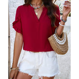 Women Split V Neck Ruffle Short Sleeve Blouse, Loose Flowy Solid Color Summer Chiffon Tunic Top Casual Stand Collar Shirt