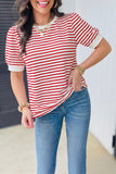 Red Stripe Contrast Trim Round Neck Short Puff Sleeve T Shirt