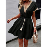 Women's Bohemian Casual Dress - Short Sleeve, Hollow Lace Trim, Tassel Drawstring Waist, Flowy, Elastic, Lightweight, Breathable, Casual Wear, Boho Style Outfit for Beach