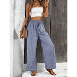Women's Elastic High Waist Breathe-Fabric Wide Leg Pants - Adjustable Drawstring, Flowing Cut Casual Outfits Women Summer Beach Trousers