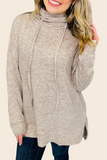 Apricot Drawstring Cowl High Neck Long Sleeve Split Top