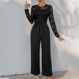 Elegant Lace Long Sleeve Jumpsuit for Women, Belted High Waist Wide Leg Formal Romper, Evening Party Wedding Guest Outfit
