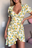 Women V Collar Print Ruffle Dress