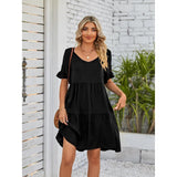 Women's Oversized Minimalist V-Neck Ruffle Short-Sleeve Tiered Midi Dress - Lightweight Soft Basic Breathable Fabric, Feminine Casual Summer Wear