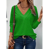 Women's V Neck Long Sleeve Eyelet Hollow Out Top, Decorative Button Cuff Loose Casual Solid Color Blouse