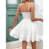 Women Square Neck Spaghetti Strap Mini Dress, Smocked Waist Textured Ruffle Hem A-line Summer Sundress for Beach Vacation