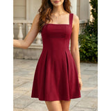 Women's Elegant Soft Square Neck Strappy Adjustable Strap Bow Back Cutout Flared A-Line Skater Mini Dress - Cocktail Attire, Wedding Guest Outfit, Night Out Clothes