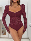 Women's Square Neck Long-Sleeve Lace Bodysuit - Puff-Shoulder Sheer Floral Slim-Fit Top with Comfortable Bottom for Casual, Party Wear - Pair with Skirts, Solid Trousers,sohochic