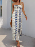 Women's Bohemian Vintage Exotic Strapless Tube Top Jumpsuit - Tie-Front, Soft Viscose, Stretch Waist, Smocked High Waist, Wide Leg, Long Cut, Slimming Summer Printed Beach Vacation Essential Outfit