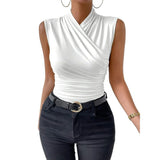 Women Sleeveless Wrap Mock Neck Top, Cross V Front Ruched Slim Fit Stretch Solid Color Tank Top for Going Out Daily Wear