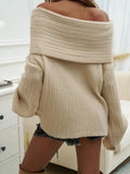 Women's Sexy Off-Shoulder Fold-Over Knit Sweater - Soft Fabric, Loose Fit, Oversized Long-Sleeve Ribbed Pullover for Fall Winter Tops
