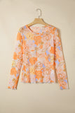 Multicolour Floral Print Lettuce Trim Slim Long Sleeve Top