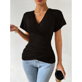 Women Surplice Wrap V Neck Short Sleeve Top, Ruched Waist Slim Fit Casual Solid Color Tee, Summer Elegant T Shirt Blouse for Daily Outing