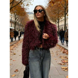 Women Shaggy Faux Fur Cropped Jacket, Long Fluffy Mongolian Faux Fur Open Front Short Coat, Trendy Fall Winter Streetwear Outerwear for Night Out Party