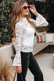 White Lace Crochet Bell Sleeve Mock Neck Blouse